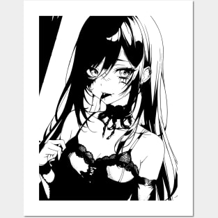 Black & White Long Haired Anime Girl Posters and Art